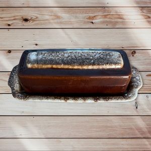 Vintage Hull 2 pc covered butter dish brown drip glaze oven proof pottery USA
